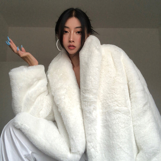 Faux Fur Solid Color Suit Collar White Coat Pajama