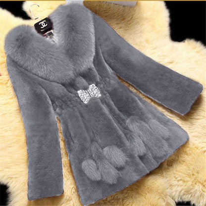 Ladies Mid-length Rex Rabbit Fleece Haining Fur Coat