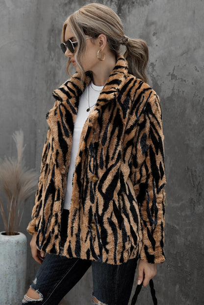 Brown Long Sleeve Faux Fur Beltless Lapel Trench Coat