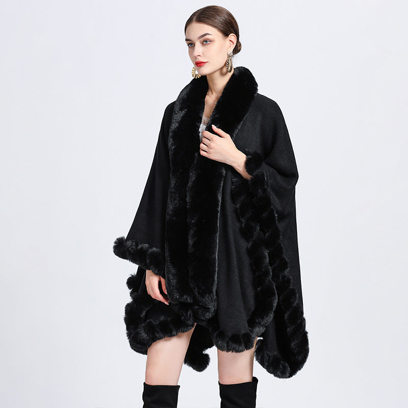 Rex Rabbit Fur Collar Shawl Irregular Oversized Knitted Cardigan Baggy Coat