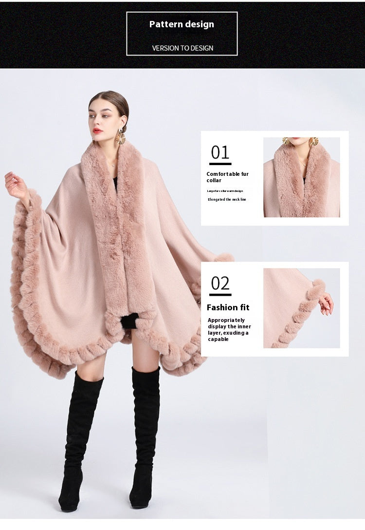 Rex Rabbit Fur Collar Shawl Irregular Oversized Knitted Cardigan Baggy Coat