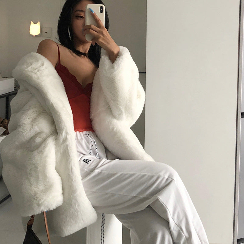 Faux Fur Solid Color Suit Collar White Coat Pajama