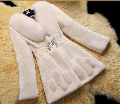 Ladies Mid-length Rex Rabbit Fleece Haining Fur Coat