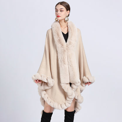 Rex Rabbit Fur Collar Shawl Irregular Oversized Knitted Cardigan Baggy Coat