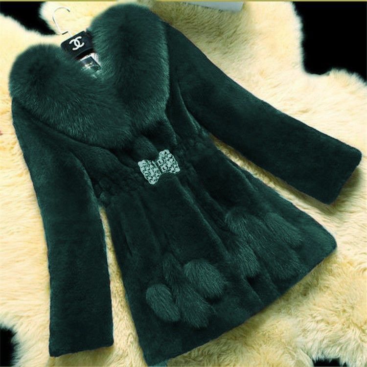 Ladies Mid-length Rex Rabbit Fleece Haining Fur Coat