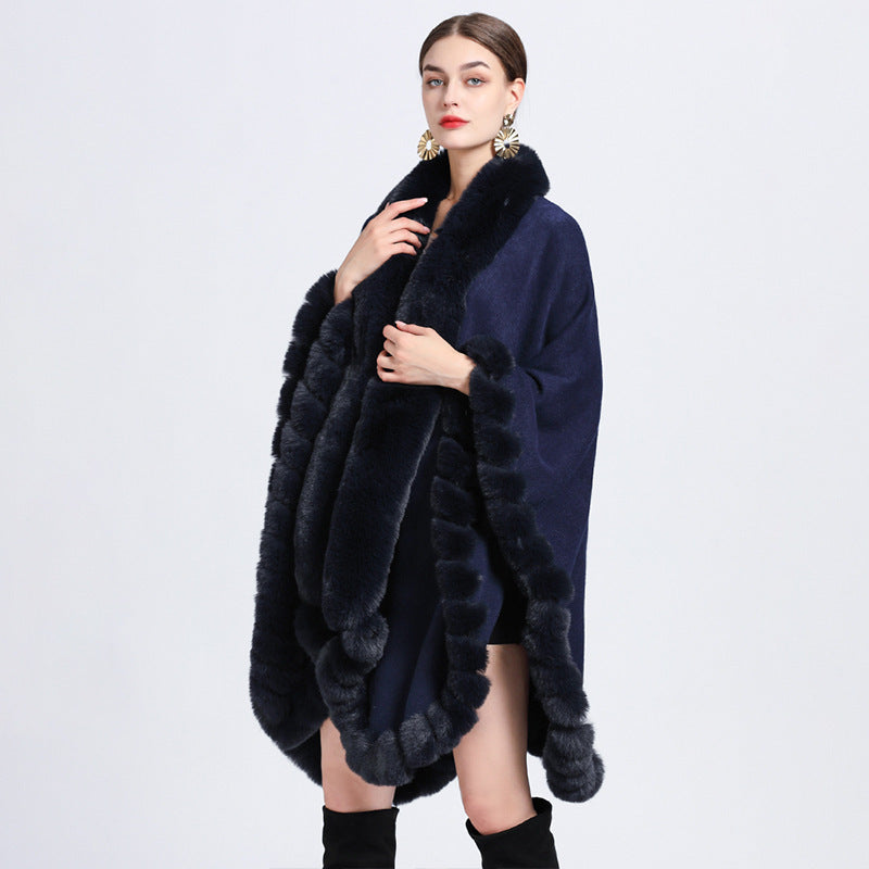 Rex Rabbit Fur Collar Shawl Irregular Oversized Knitted Cardigan Baggy Coat