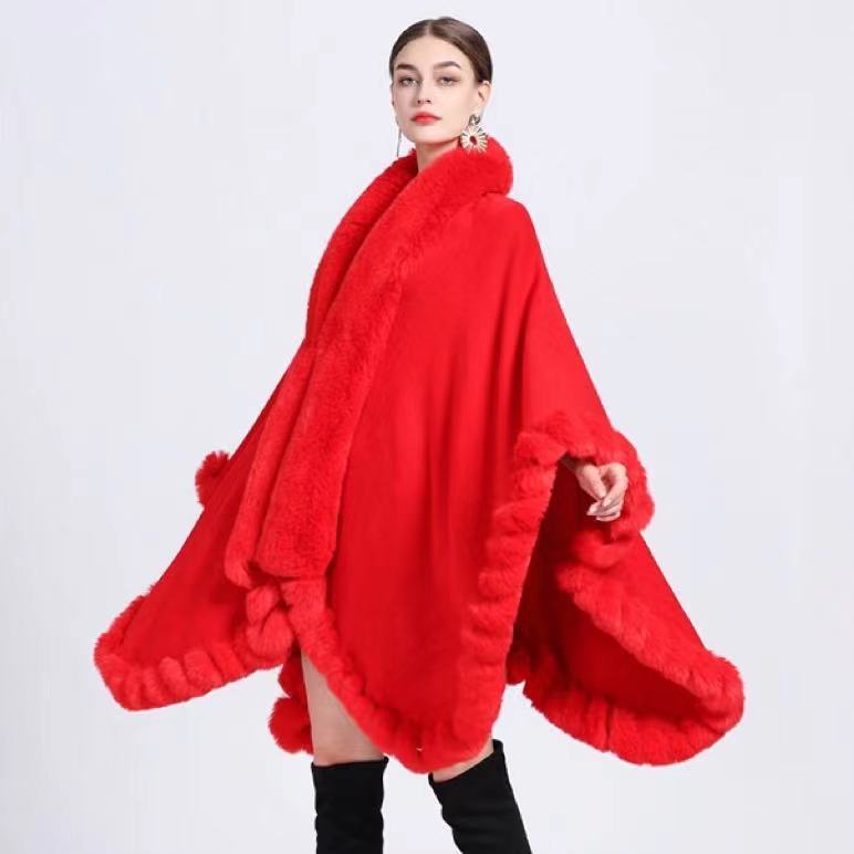 Rex Rabbit Fur Collar Shawl Irregular Oversized Knitted Cardigan Baggy Coat