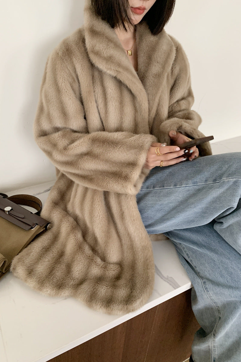 Brown Striped Green Fur Coat Female Winter Mid-length Socialite Temperament Artificial Mink Hair Warm Coat