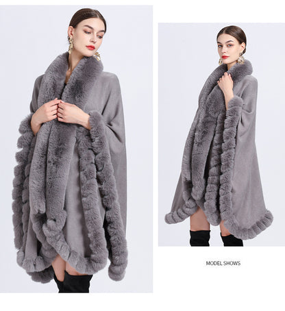 Rex Rabbit Fur Collar Shawl Irregular Oversized Knitted Cardigan Baggy Coat