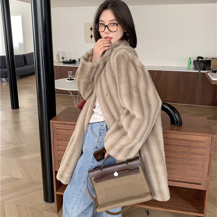 Brown Striped Green Fur Coat Female Winter Mid-length Socialite Temperament Artificial Mink Hair Warm Coat